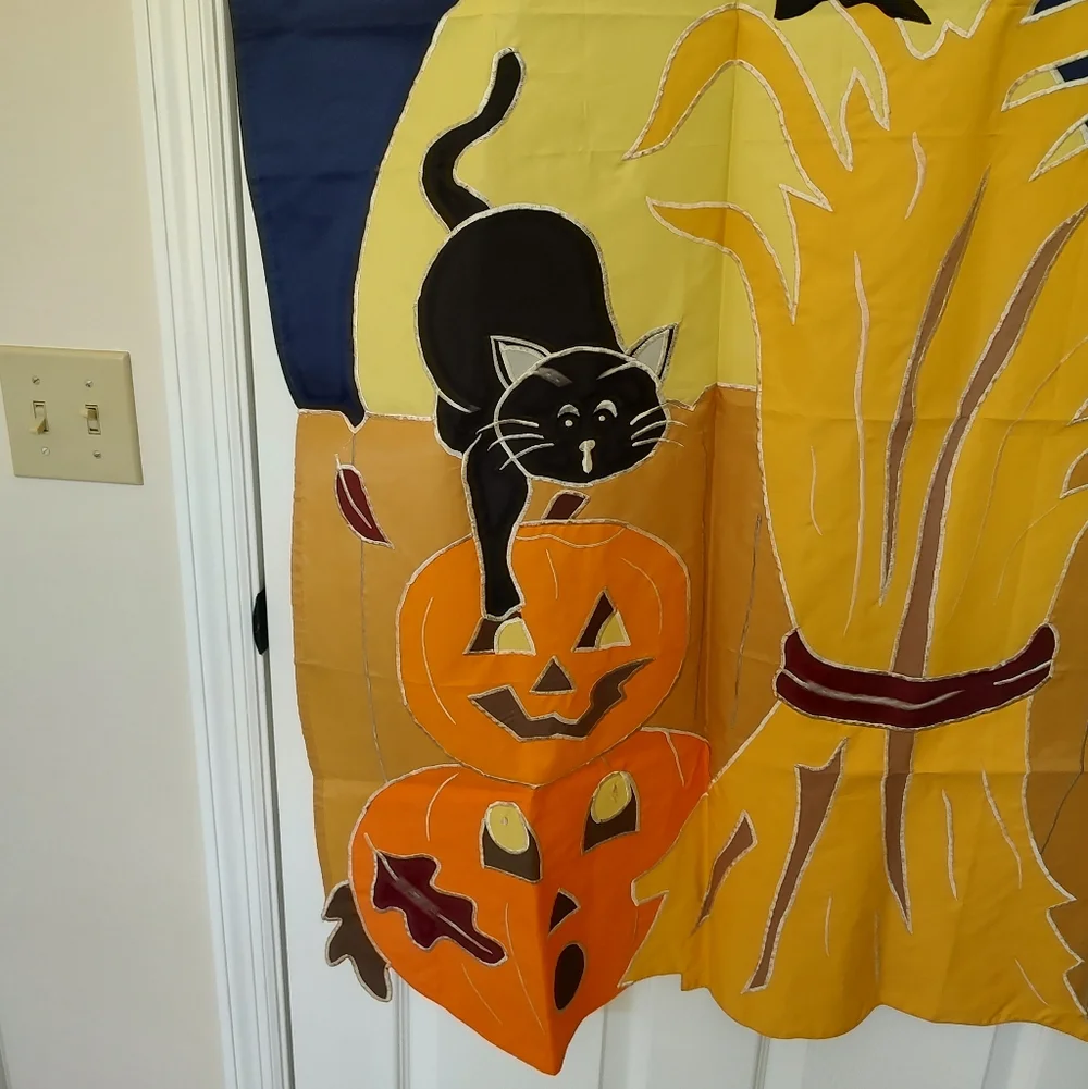 Harvest Moon Black Cat Pumpkin Halloween Yard Flag Navy Blue